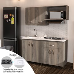 FIRPLAK - Cocina Integral Ambar 150X55 Cm Incluye Muebles Mitte Con Platero, Mesón Eco Perla Con Lavaplatos Integrado Y Estufa 4 Puestos A Gas - Instalable En Ambas Direcciones