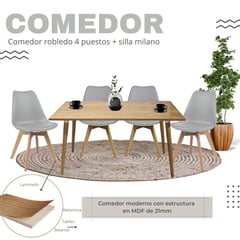 EKONOMODO COLOMBIA - Comedor Robledo 4 Puestos 120X73X60 + Silla Milano 83X46,5X38 Gris